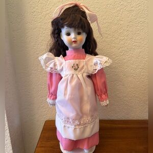 Porcelain Doll, 16 inch, with Brown Hair & Eyes, Pink Dress & Bow, White Apron